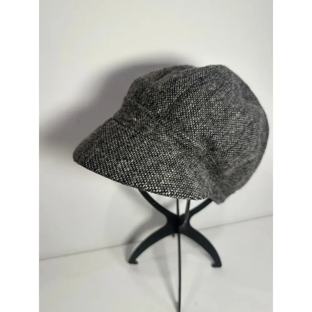 Vintage Y2K Charcoal Grey Tweed Wool Blend Newsboy Baker Boy Cabbie Cap Hat OS